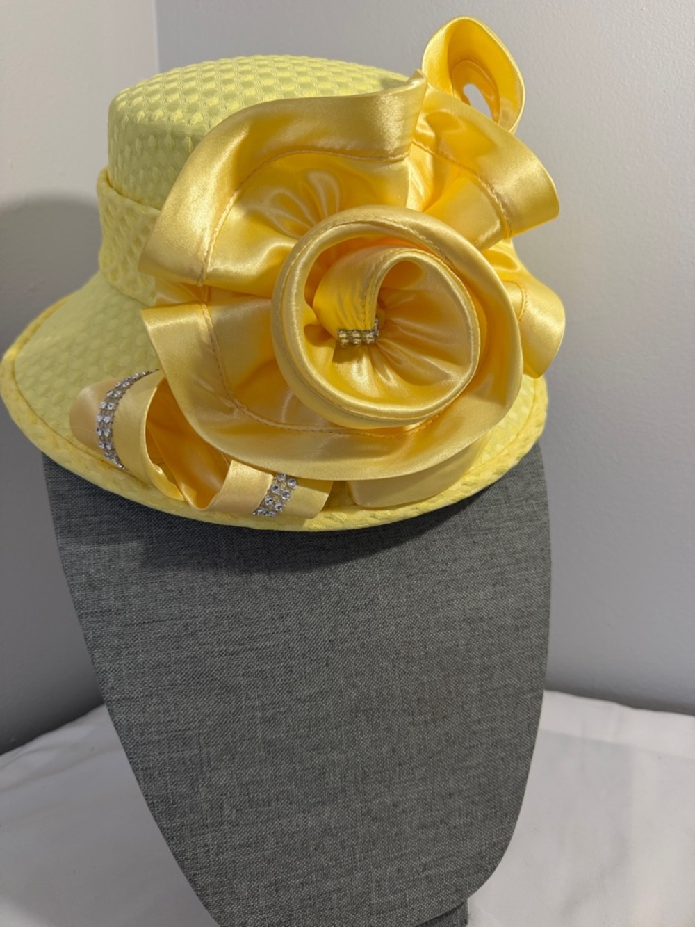Women's Yellow Satin Church Hat with Floral Accent